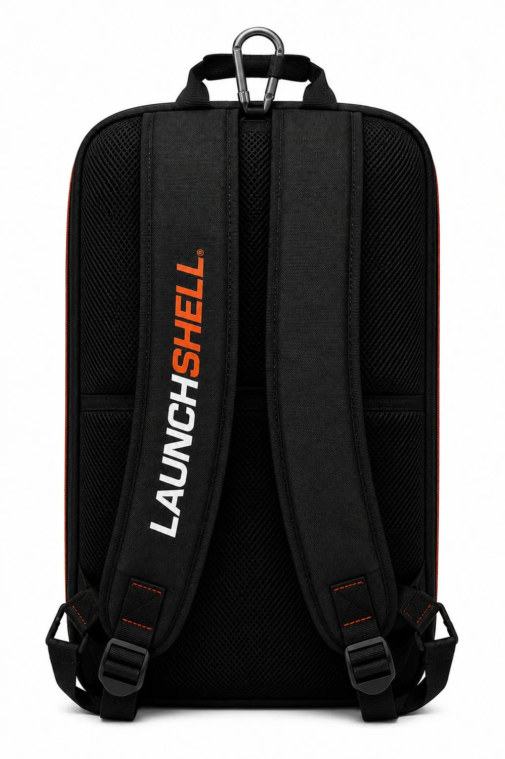 Black back panel with padded backpack straps and carabiner