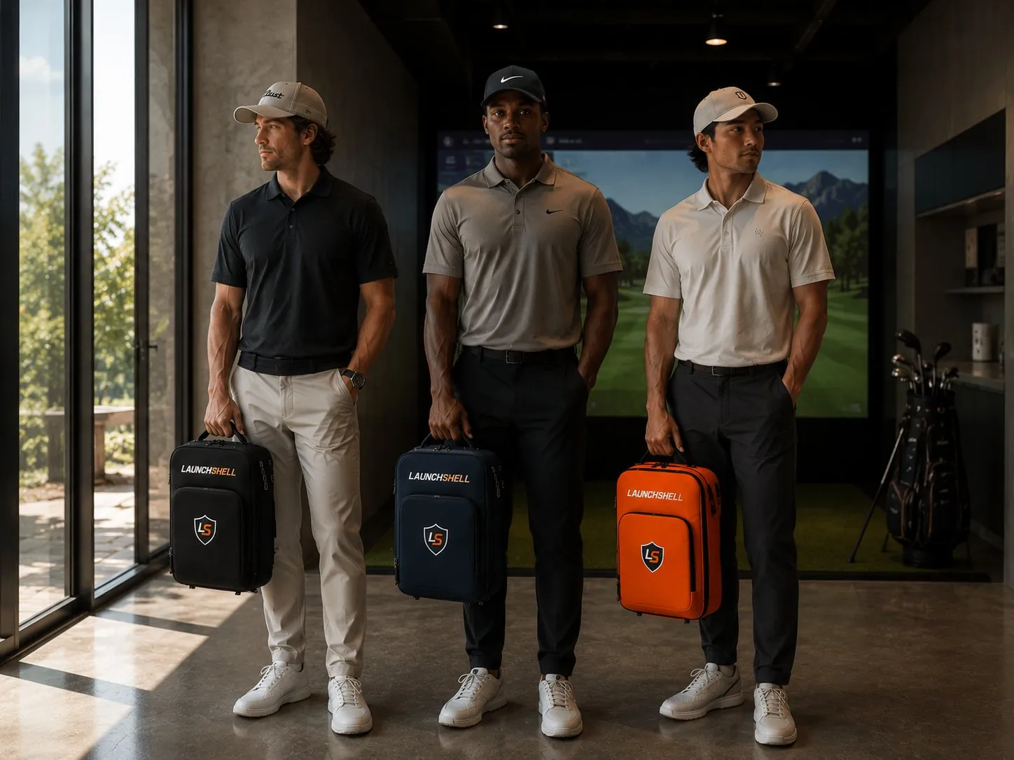 Three golfers in a simulator bay carrying LaunchShell cases in black, navy and orange